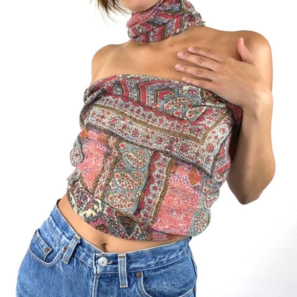 Vintage Tops - Vintage Paisley Infinity Scarf Halter Crop Top